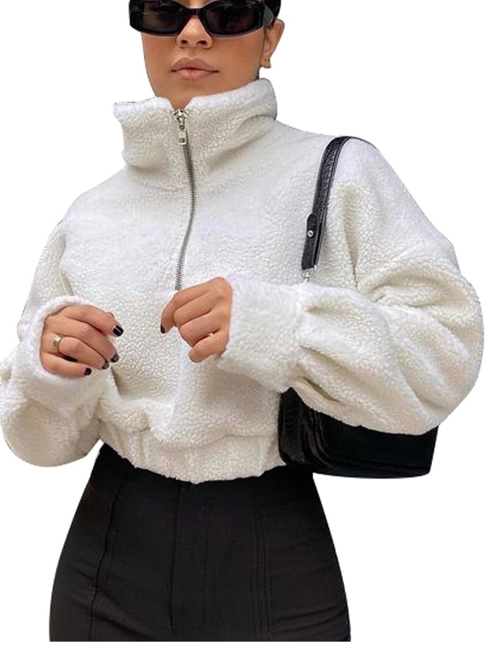 (XL) White Teddy Fleece Cropped Half-Zip Pullover – Cozy Chic Sweater
